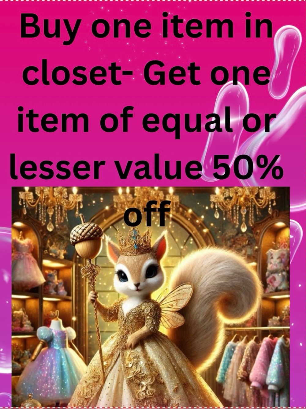 Buy any item in closet- get one item equal value or less for 50% off